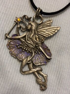 Wow!! Vintage Artisan Signed Silver Fairy Pendant Necklace with Purple Glitter